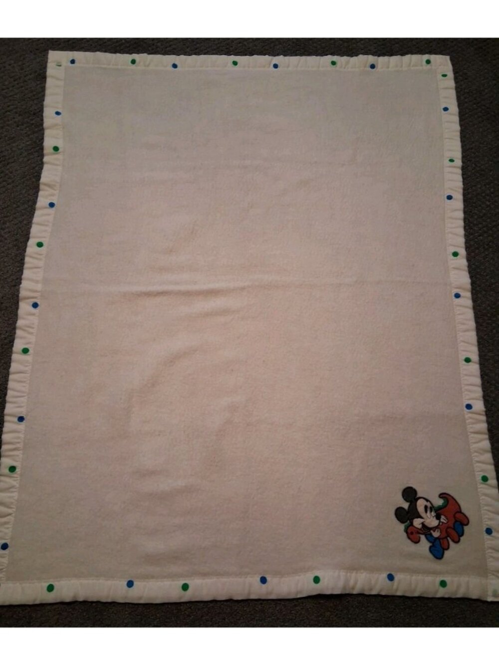Vtg Disney Mickey Mouse & Dinosaur Acrylic Baby Blanket Polka Dot Trim USA